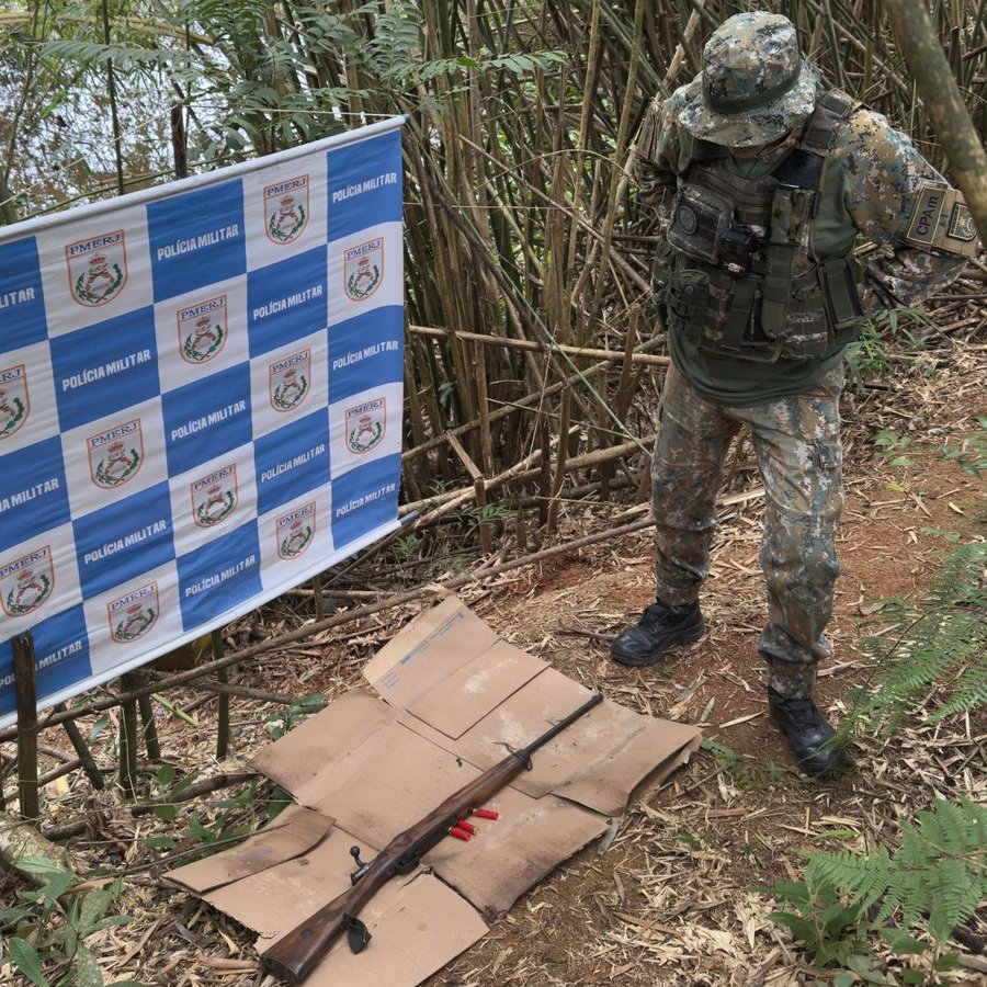 Espingarda e munições apreendidas durante a ocorrência
