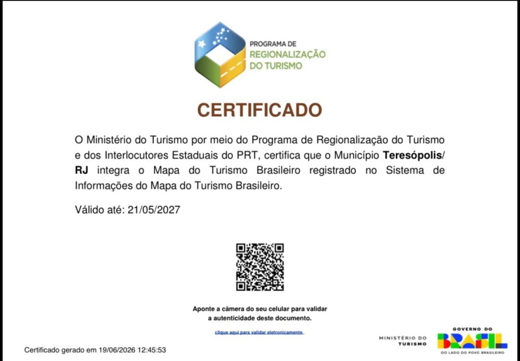Certificado do Ministério do Turismo confirma Teresópolis na categoria máxima do Mapa do Turismo Brasileiro