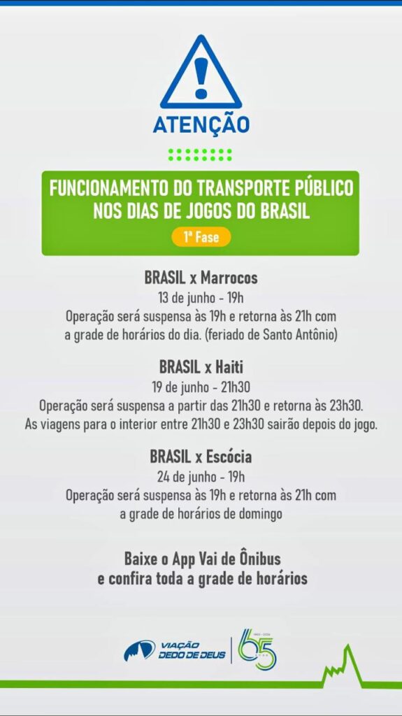 Comunicado oficial da viação Dedo de Deus sobre o horário dos ônibus nos jogos da Copa 2026